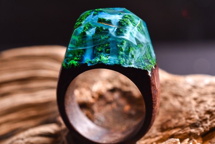 Waterfall Ring Wood and Resin Ring Secret Wood