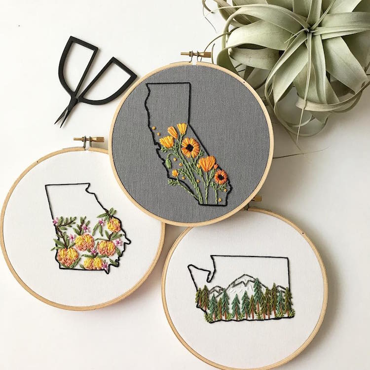 US States Embroidery Hoops by Celeste Johnston Lemon Made Shop