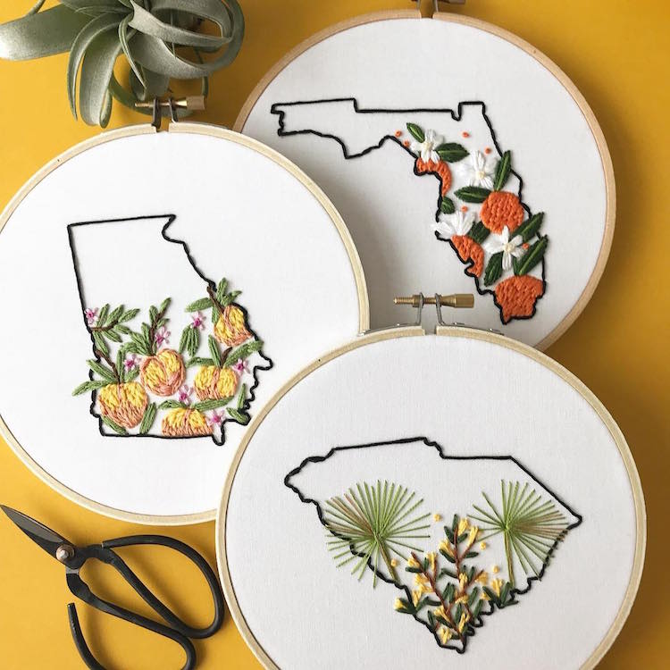 US States Embroidery Hoops by Celeste Johnston Lemon Made Shop