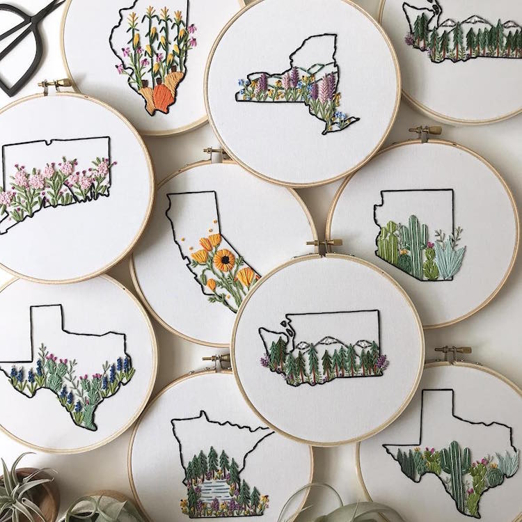 US States Embroidery Hoops by Celeste Johnston Lemon Made Shop