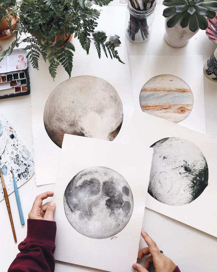 pinturas acuarela luna planetas Amanda C. Marino