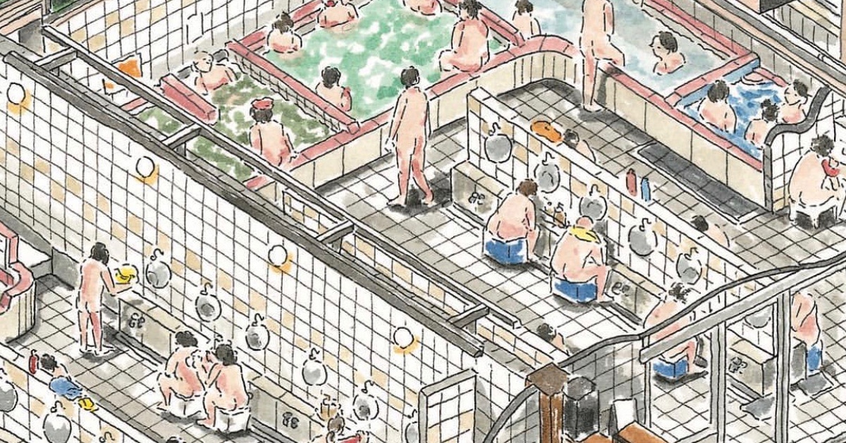 Charming Cross-Section Drawings of Communal Bathhouses in Japan.