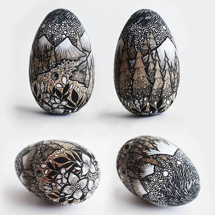 Ink Drawings on Wooden Eggs by Meni Chatzipanagiotou