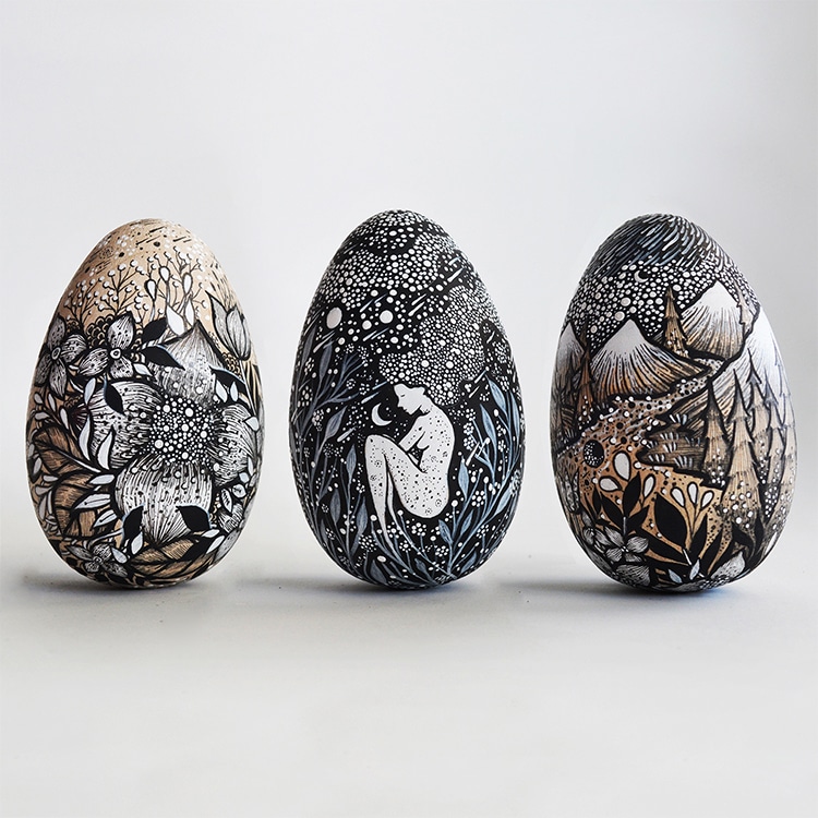 Ink Drawings on Wooden Eggs by Meni Chatzipanagiotou