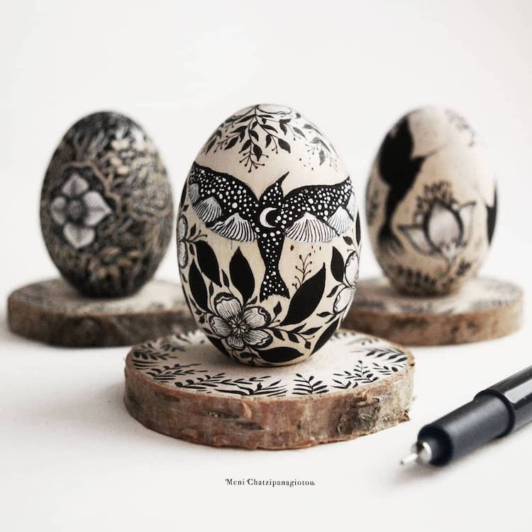 Ink Drawings on Wooden Eggs by Meni Chatzipanagiotou