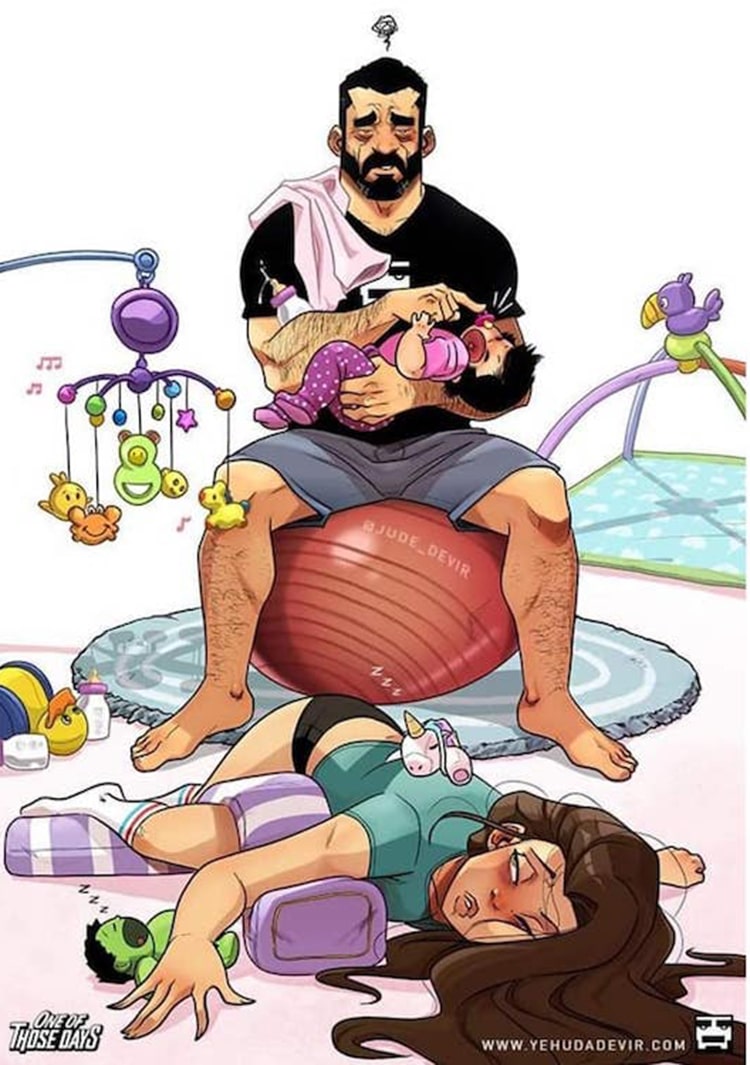 Ilustraciones de vida en pareja con recién nacido por Yehuda Devir