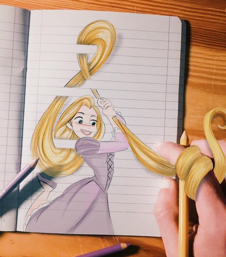 Optical Illusion Drawings Bring Disney Characters to Life on Paper