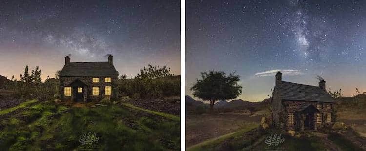 paisaje de cielo estrellado con la vía láctea / perspectiva forzada