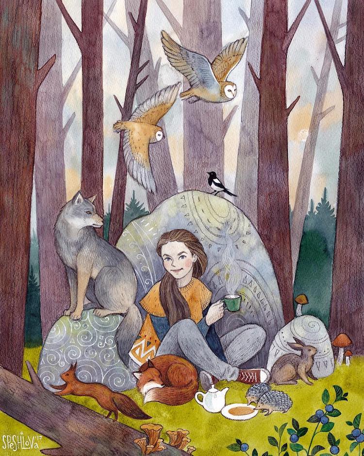 Incantevoli illustrazioni ad acquerello esaltano l'armonia tra esseri umani e animali della foresta di Anna Speshilova