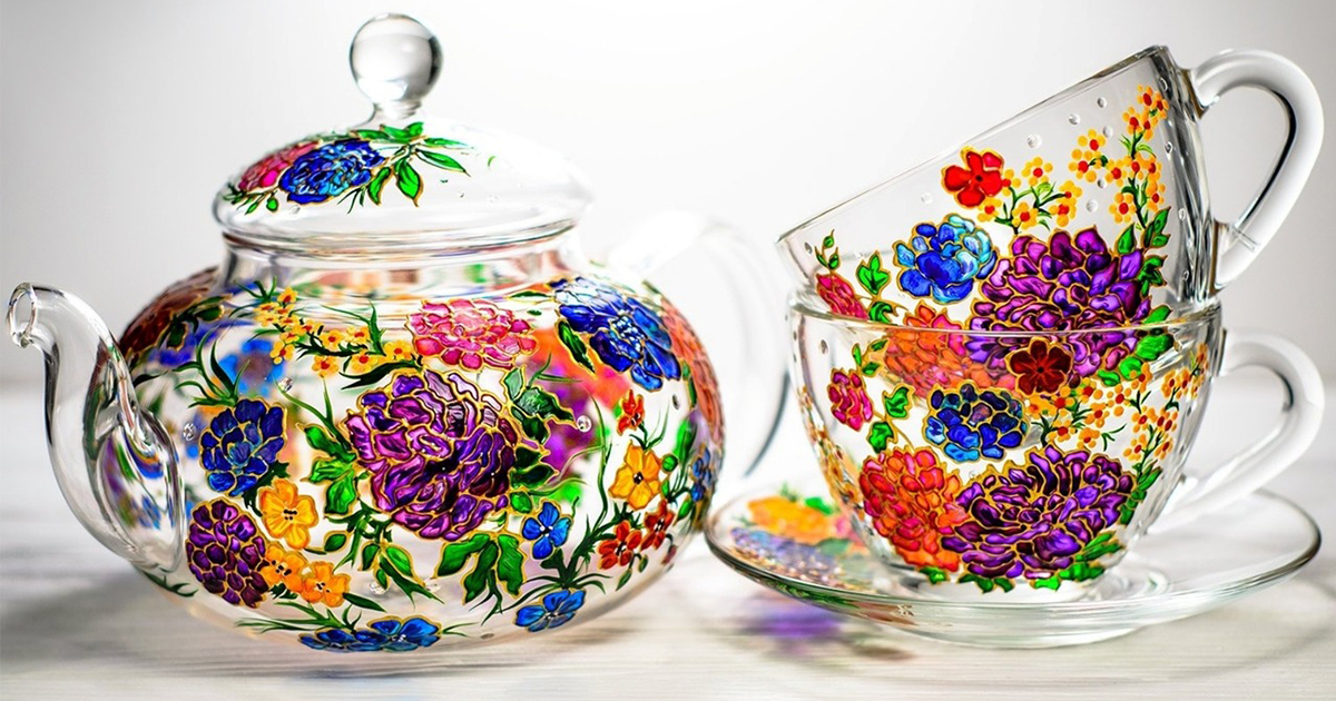 Glass Teapot Butterflies and Flowers, Hand Painted Tea Pot With