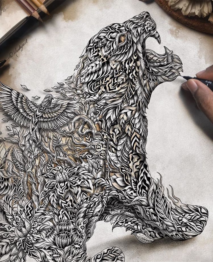 Artist Draws Majestic Creatures Adorned in Colorful Zentangle Patterns