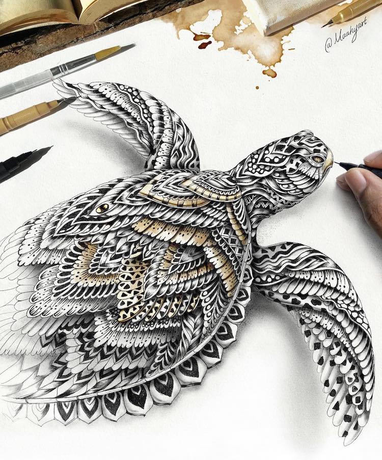 Artist Draws Majestic Creatures Adorned In Colorful Zentangle Patterns