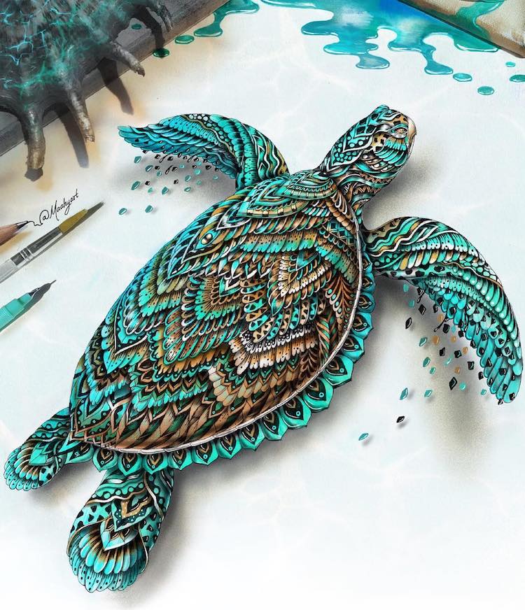 Artist Draws Majestic Creatures Adorned in Colorful Zentangle Patterns