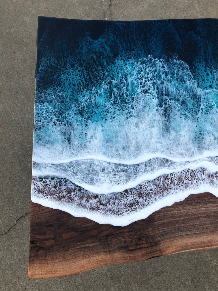 Ocean-Inspired Resin Art on Wood Table