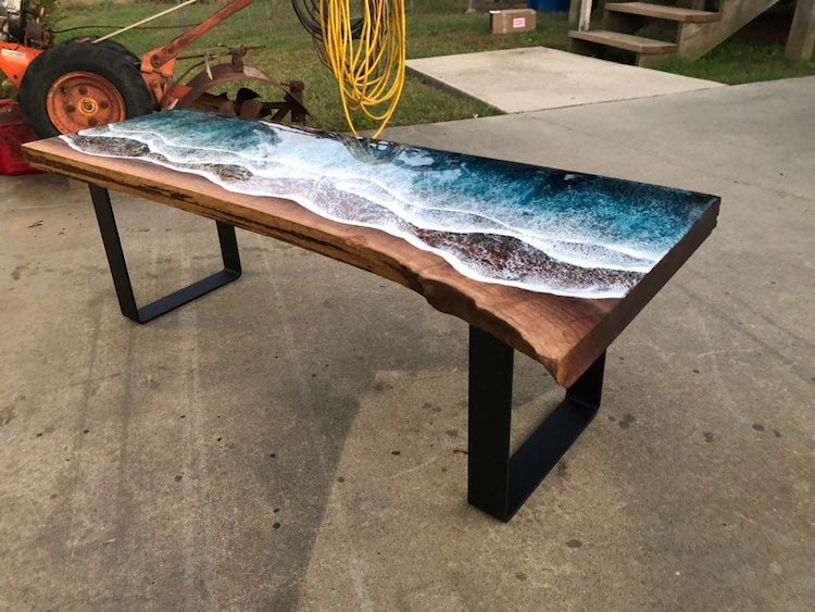 Ocean-Inspired Resin Art on Wood Table