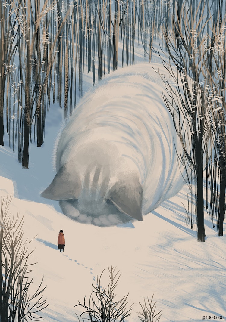 Ilustraciones de animales gigantes por Monokubo