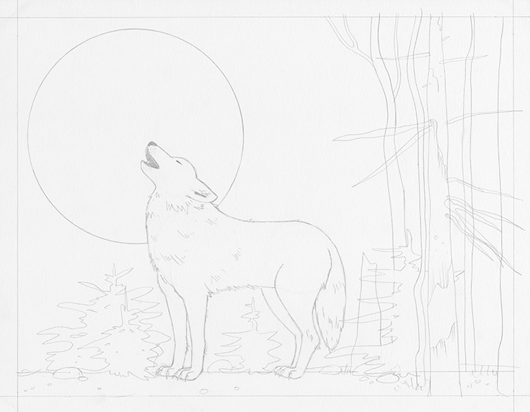 drawings of wolves howling at the moon in pencil