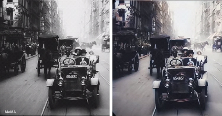 Black-and-White and Color Comparison of Historic New York City Scenes