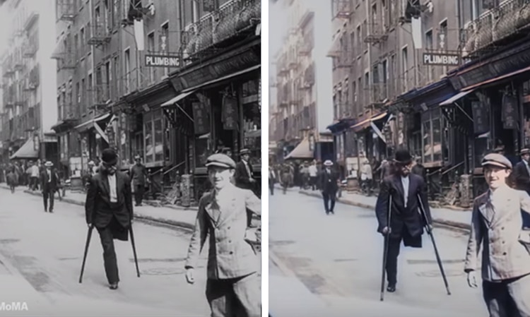 Black-and-White and Color Comparisons of Historic New York City Scenes