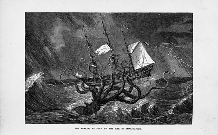 black and white illustration of a giant kraken overtaking a ship at sea