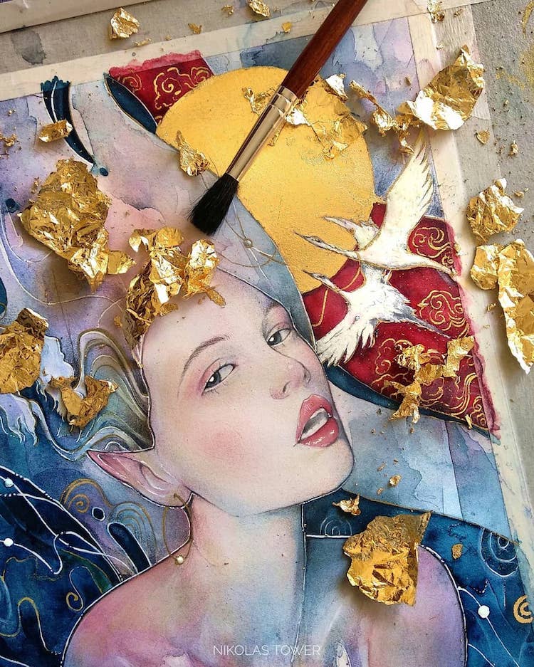 Fantasy Illustrations Are Illuminated by Dazzling Gold Leaf Details
