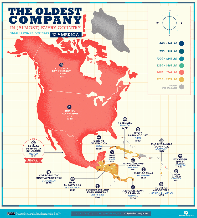 Carte colorée des plus anciennes entreprises d'Amérique du Nord