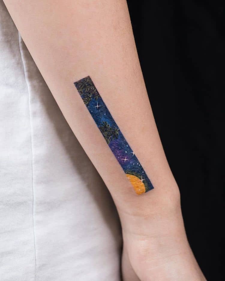 Elegant Rectangle Tattoo Designs Reveal a Sliver of Colorful Scenes