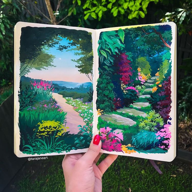 Ilustración de paisaje en cuaderno de dibujo por Tara Jane Crandon