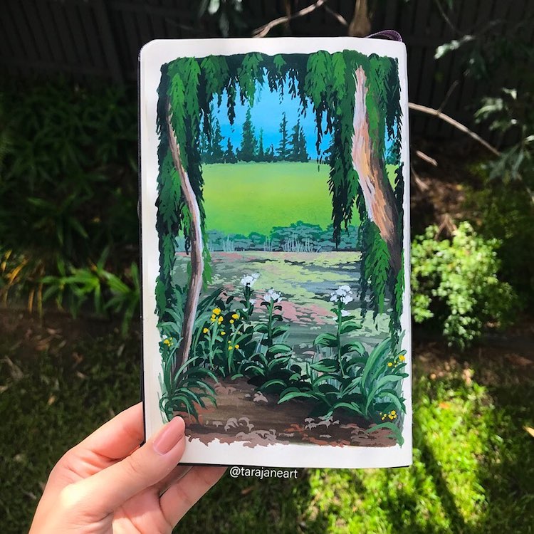 Ilustración de paisaje en cuaderno de dibujo por Tara Jane Crandon