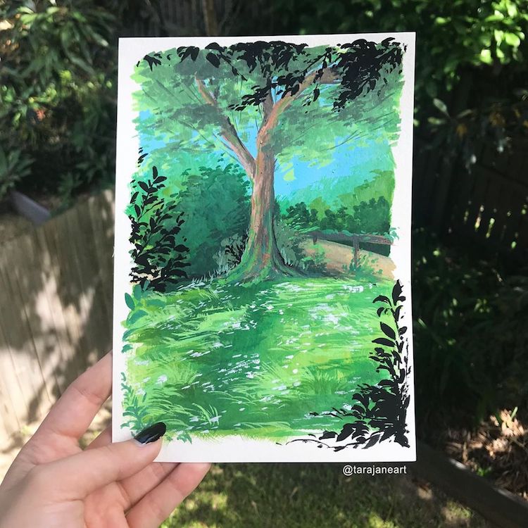 Ilustración de paisaje en cuaderno de dibujo por Tara Jane Crandon