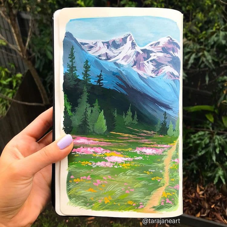 Ilustración de paisaje en cuaderno de dibujo por Tara Jane Crandon