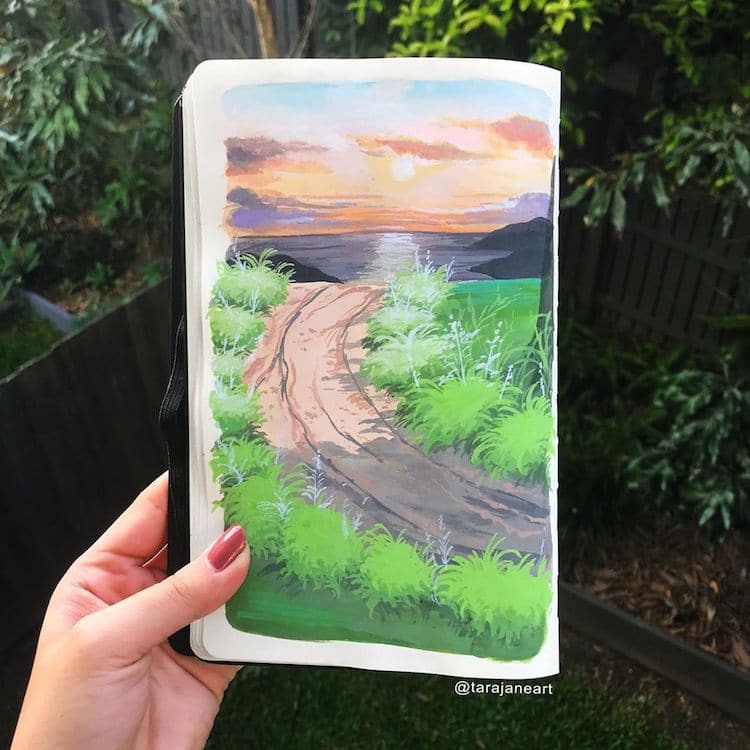 Ilustración de paisaje en cuaderno de dibujo por Tara Jane Crandon