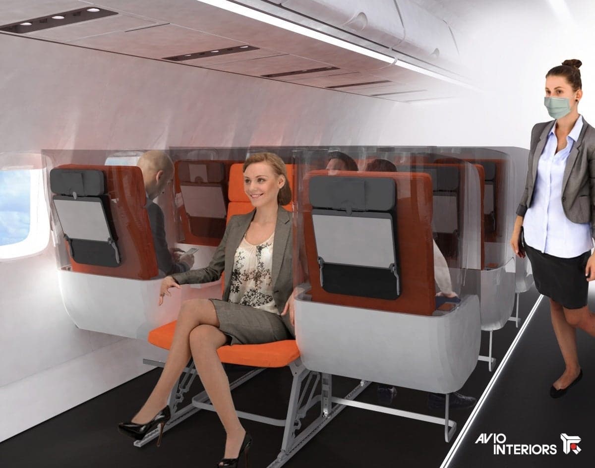 Fila de asientos de avión en zigzag para prevenir la propagación de gérmenes