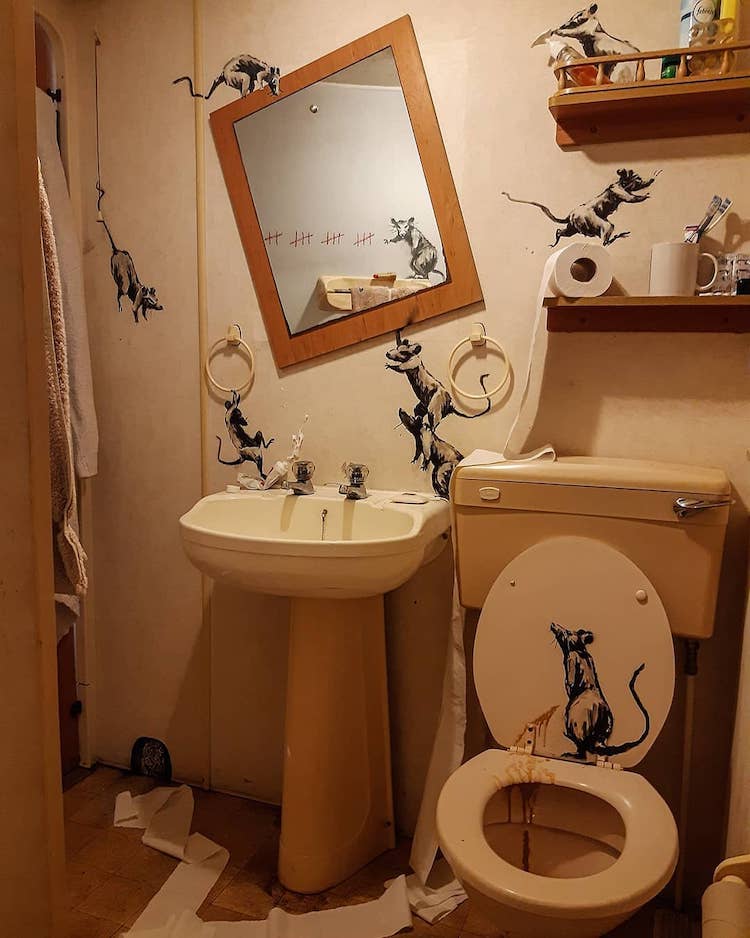 Banksy Transforms His Bathroom With Art While Under Lockdown