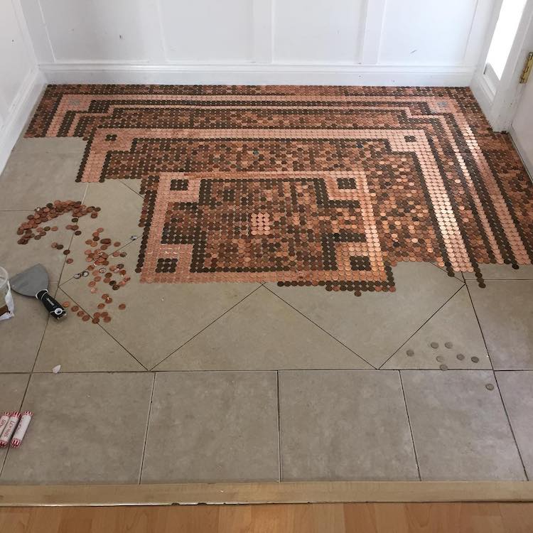 Jeweler Creates Her Own DIY Penny Floor Using 7,500 Pennies