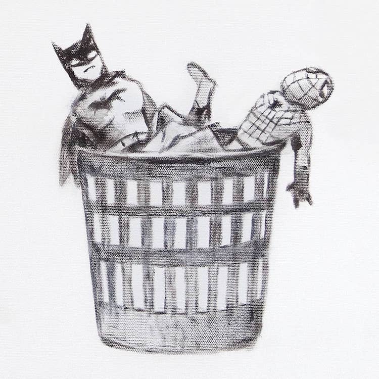 Batman and Spiderman Toys in Basket in Banksy's Game Changer