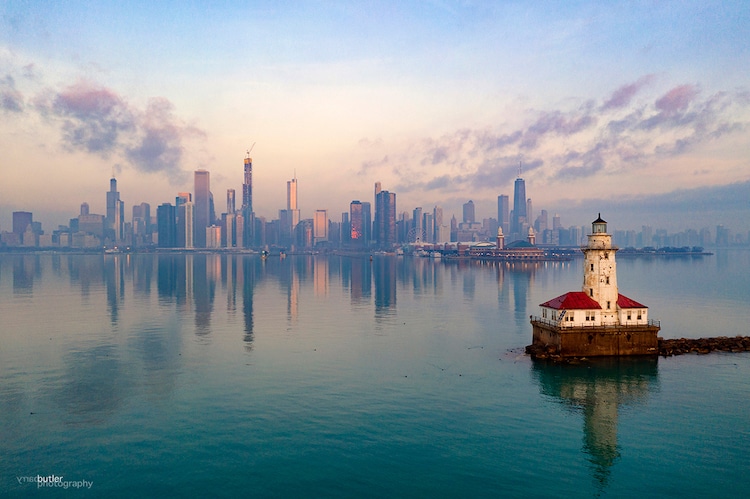 Chicago City Skyline Over Lake