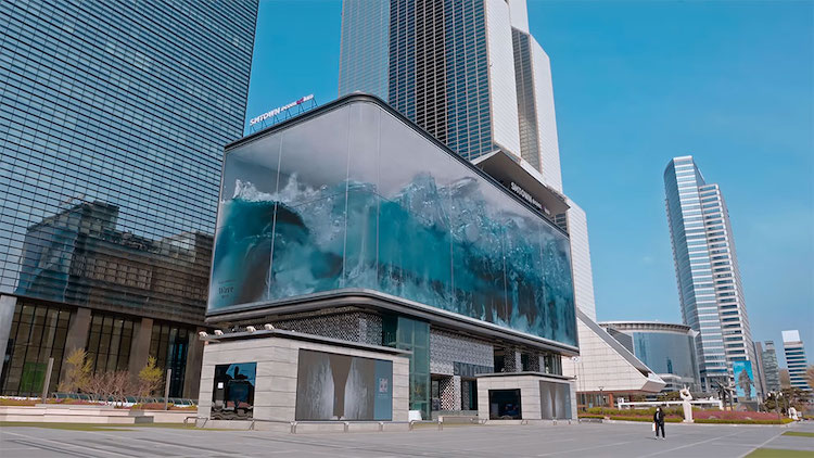 Instalación de arte digital con una ola en Corea del Sur