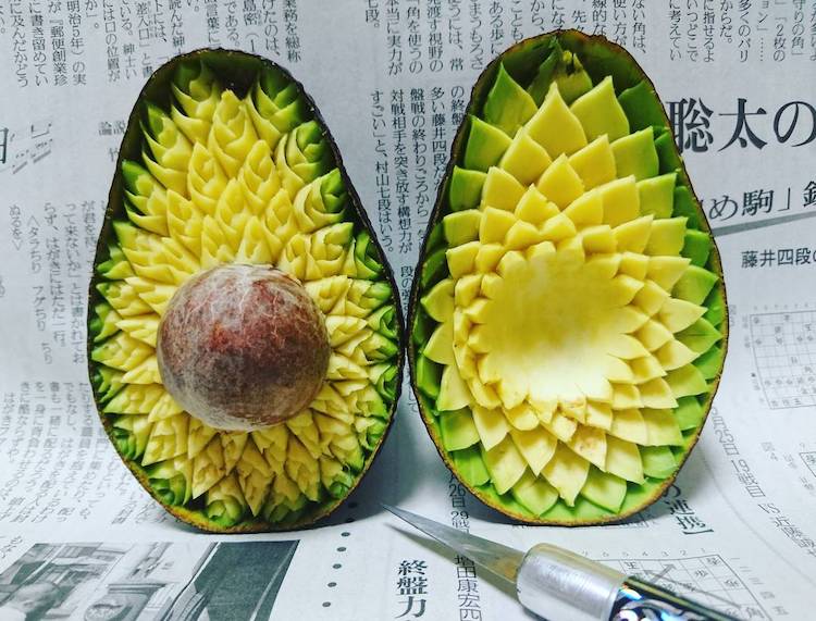 Frutas y verduras talladas al estilo mukimono por Takehiro Kishimoto