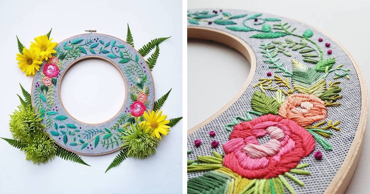 Artist Embellishes Hoop Wreaths With Floral Embroidery