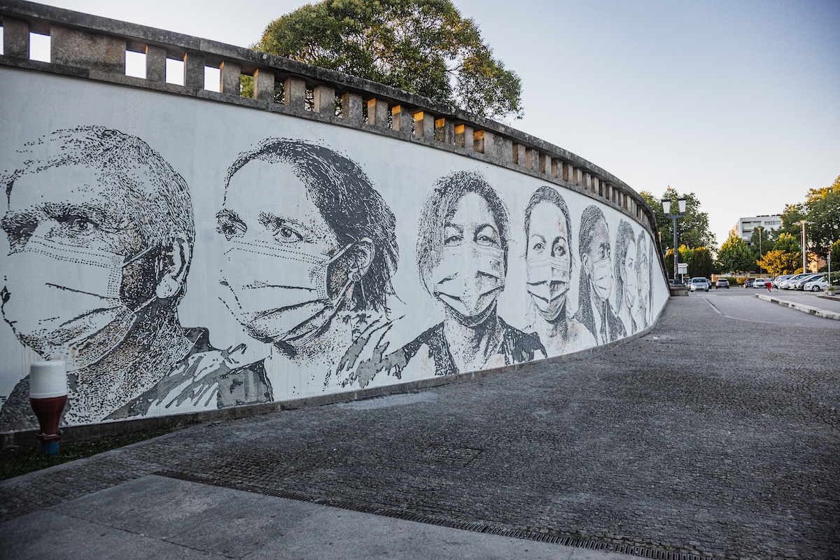 Mural by Vhils at the University Hospital in Porto, Portugal