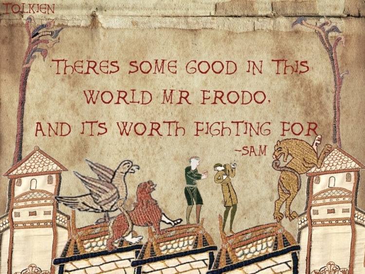 imagen de tapiz medieval con frase de Tolkien