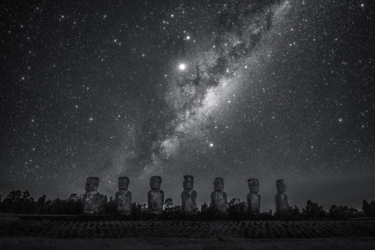 Milky Way rising above the Moai at Ahu Akiv on Easter Island