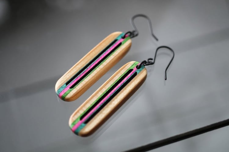 Wooden Earrings Made With Skateboards