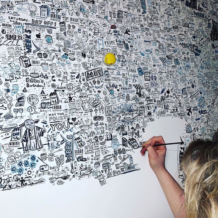 Artista dibuja garabatos en su muro durante la cuarentena