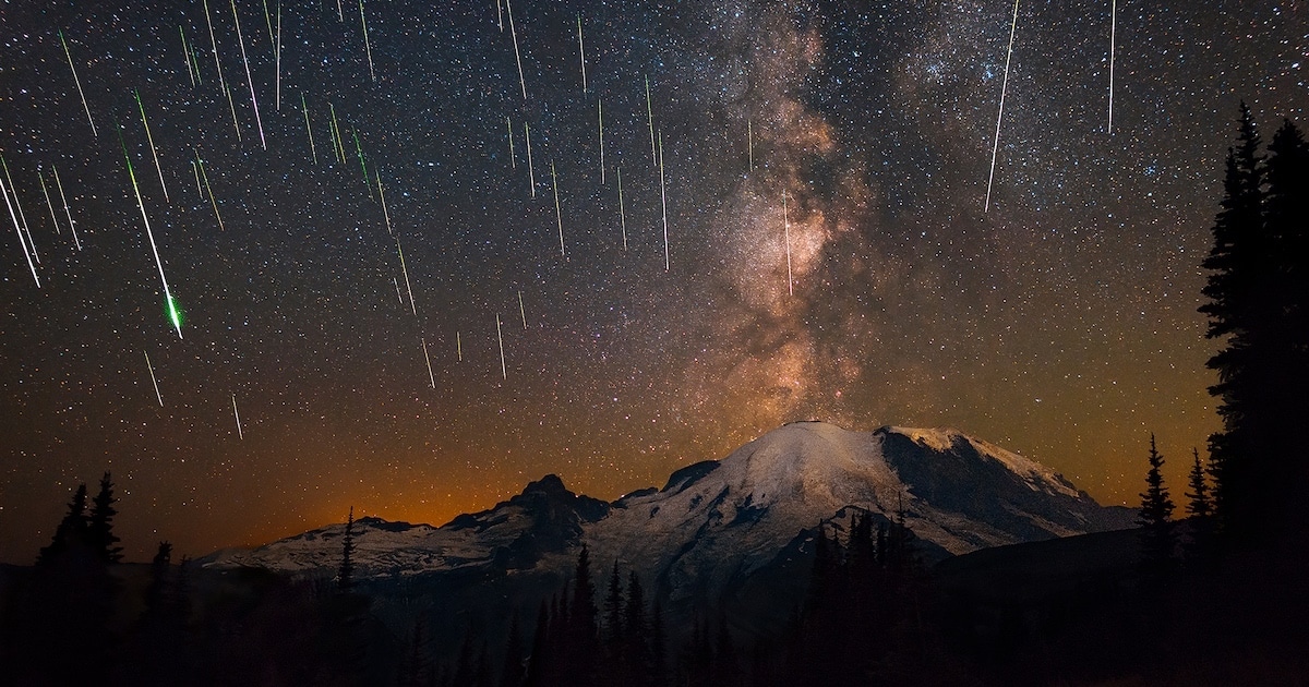 Perseid Meteor Shower and the Milky Way Over Mount Rainier