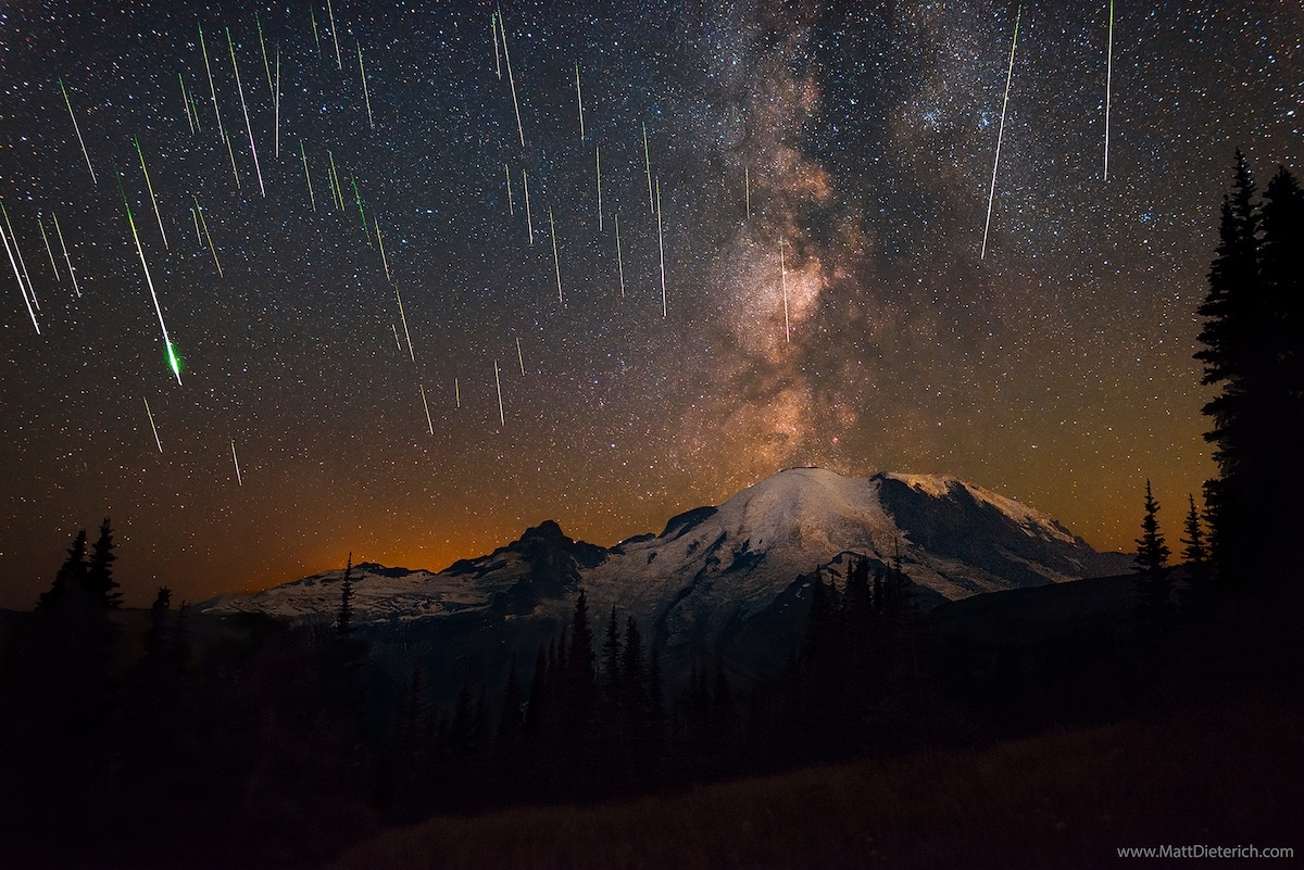 Perseid Meteor Shower of Mt Rainier by Matt Dieterich