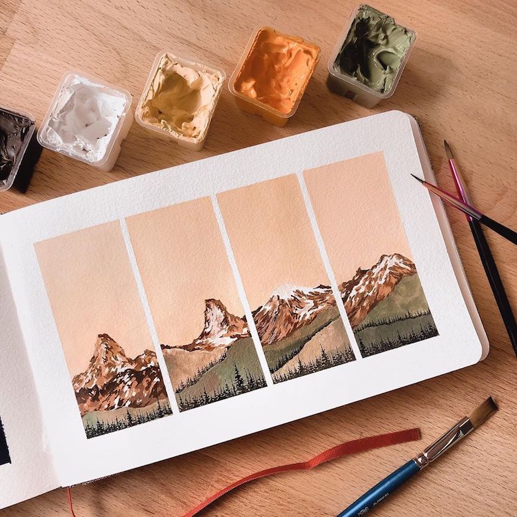 acuarelas de paisajes en cuaderno de dibujo