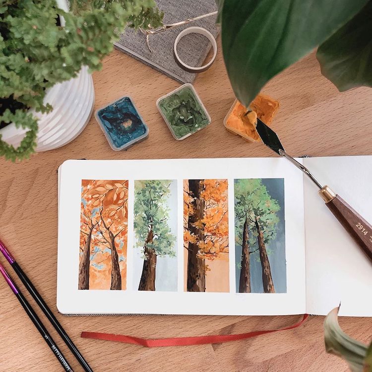 Gouache Painting of Trees by Rosa F