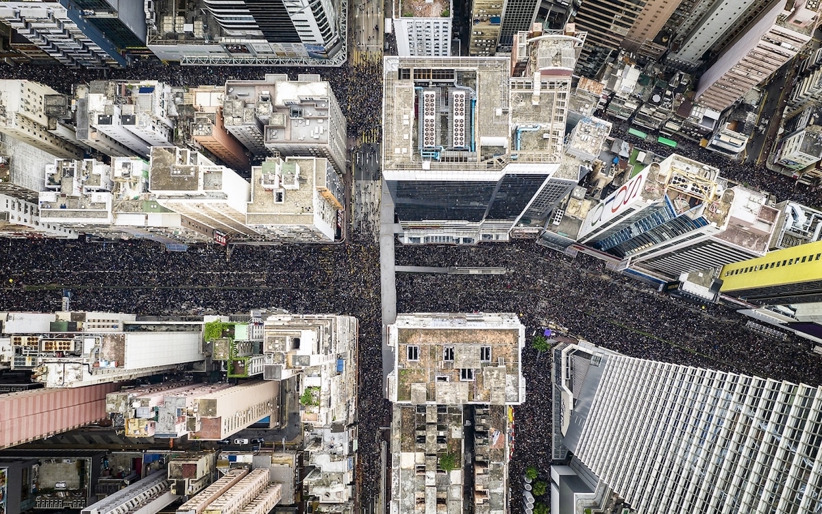 Overhead View of Protesters Marching in Hong Kong
